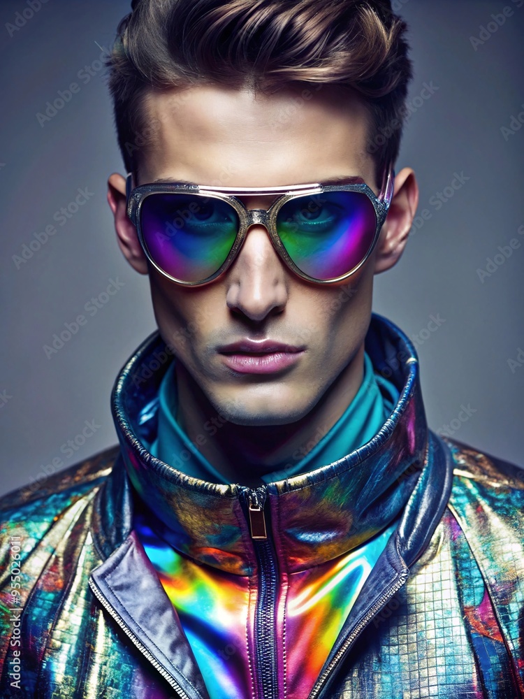 Stylish Man in Iridescent Jacket and Futuristic Sunglasses. A fashionable young man with a modern hairstyle wearing a vibrant iridescent leather jacket and eye-catching, colorful mirrored sunglasses. Stylish Man in Iridescent Jacket and Futuristic Sunglasses. A fashionable young man with a modern hairstyle wearing a vibrant iridescent leather jacket and eye-catching, colorful mirrored sunglasses.