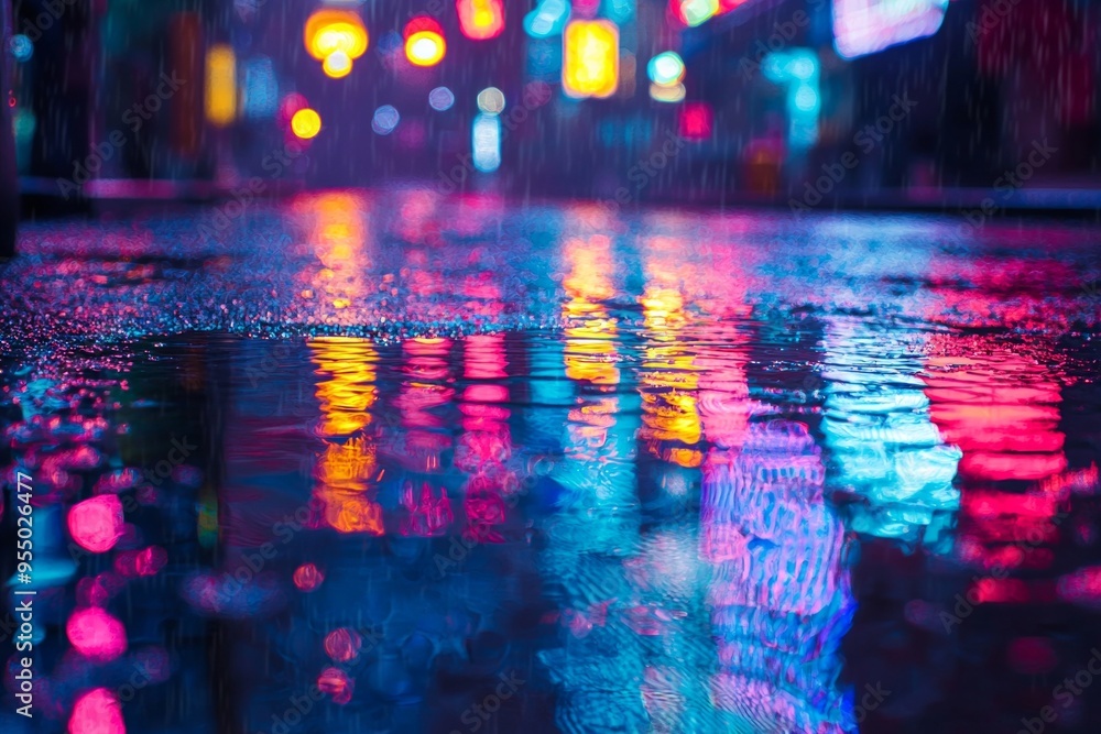 Obraz premium A close-up shot of neon lights reflecting in rain puddles on a dark city street at night. 