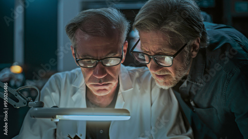 Fotografie Senior archaeologist takes measurements of fossil bone using measuring tool, studies remains of prehistoric human with colleague under magnifying lamp
