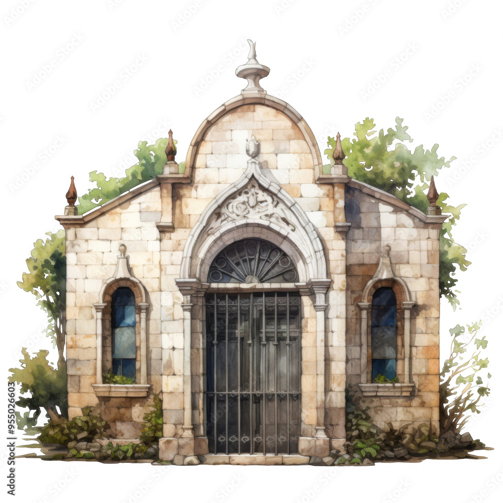 Stone Chapel with Ornate Iron Gate and Greenery Stone Chapel with Ornate Iron Gate and Greenery