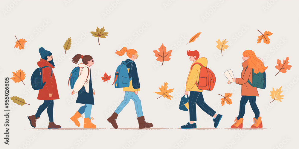 Autumn stroll: diverse students walking with backpacks and fall leaves Autumn stroll: diverse students walking with backpacks and fall leaves