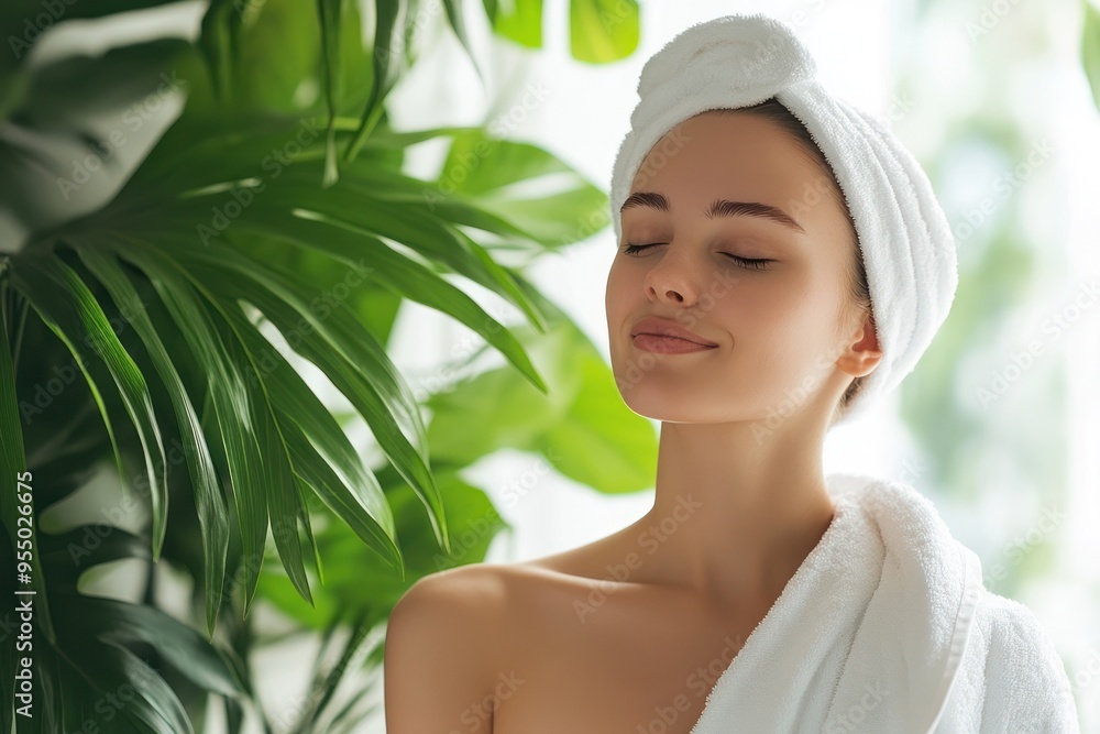 Serene woman with towel headwrap in green setting. Serene woman with towel headwrap in green setting.