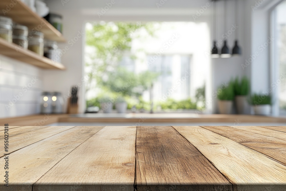 kitchen table background, wood counter top on blur of white clean abstract home interior with bokeh. used for display or montage your wooden for dining background. ai kitchen table background, wood counter top on blur of white clean abstract home interior with bokeh. used for display or montage your wooden for dining background. ai