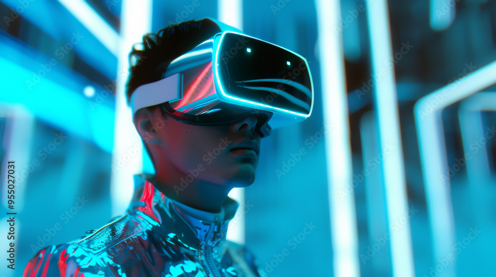 A 3D man wearing VR glasses stands in abstract cityscape with silver and blue neon lights for futuristic sci-fi technology cyberpunk cool background A 3D man wearing VR glasses stands in abstract cityscape with silver and blue neon lights for futuristic sci-fi technology cyberpunk cool background