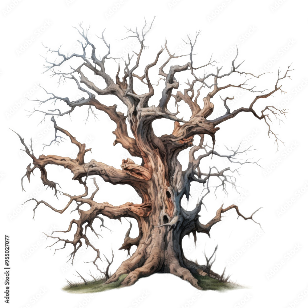 Fototapeta premium A gnarled, ancient tree with twisted branches and a thick, textured trunk.
