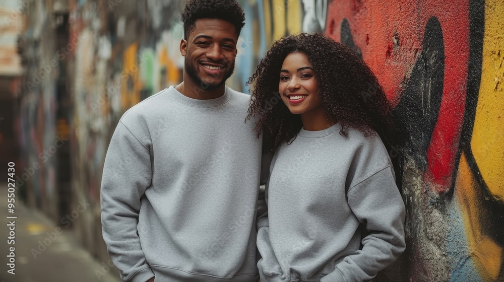A young couple stands smiling together in matching gray sweatshirts beside a colorful graffiti wall in an urban setting A young couple stands smiling together in matching gray sweatshirts beside a colorful graffiti wall in an urban setting