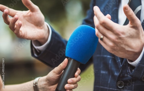 A close-up of a man's hands and a blue microphone held by presenter news