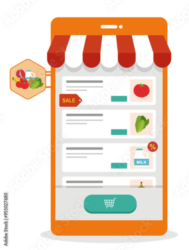 ネットスーパー,スマートフォンのフラットなベクターイラスト