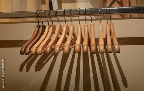 A series of wooden hangers neatly arranged on a metallic rail