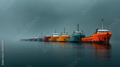 A line of cargo ships on the horizon, overcast sky