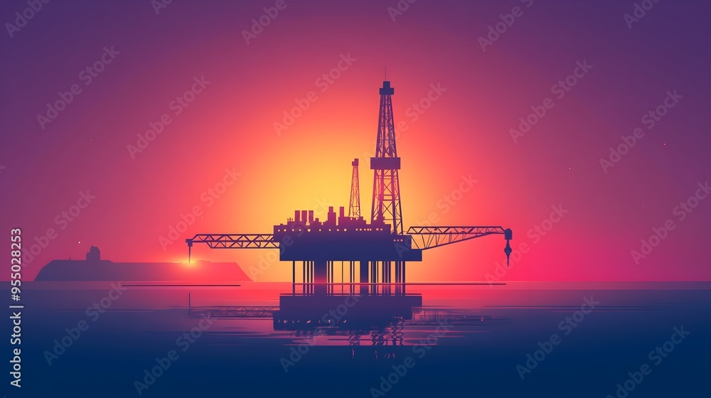 Offshore Drilling Oil Rig at Vibrant Sunset or Dawn with Silhouette and Reflection Offshore Drilling Oil Rig at Vibrant Sunset or Dawn with Silhouette and Reflection