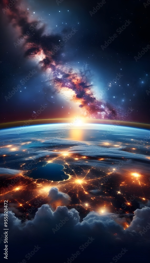 Stunning View of Stars and Milky Way Above Earth Glow at Night from Space Showing Cloud Formations and City Lights, Perfect for Inspirational and Educational Purposes Stunning View of Stars and Milky Way Above Earth Glow at Night from Space Showing Cloud Formations and City Lights, Perfect for Inspirational and Educational Purposes