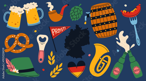 Set of Oktoberfest elements. Bavarian beer, pretzel, sausage, map and flag of Germany. Collection for folk festival in Germany. Munich symbols.