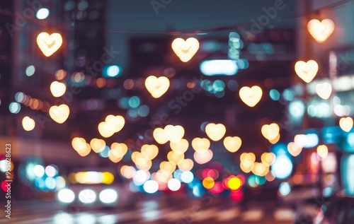 urban scene at night time with blurred background series of heart shaped lights hanging overhead, creating a bokeh effect photo