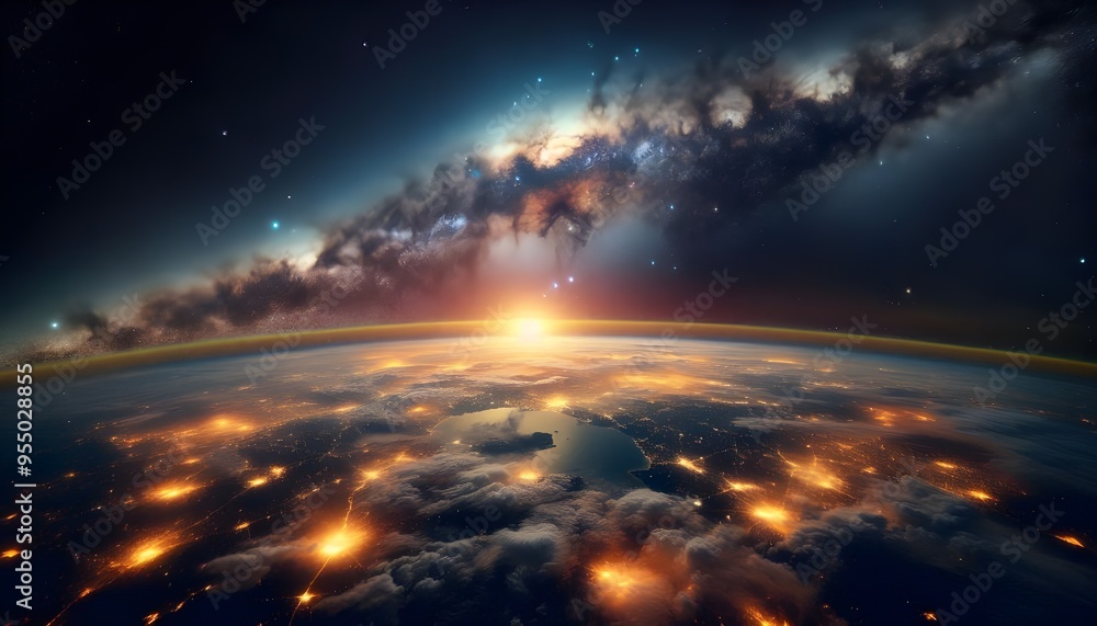 Stunning View of Stars and Milky Way Above Earth Glow at Night from Space Showing Cloud Formations and City Lights, Perfect for Inspirational and Educational Purposes Stunning View of Stars and Milky Way Above Earth Glow at Night from Space Showing Cloud Formations and City Lights, Perfect for Inspirational and Educational Purposes
