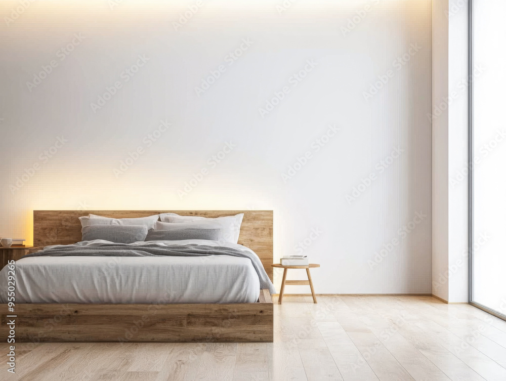 Modern bedroom interiors with a stylish bed, a large window and warm led lighting Modern bedroom interiors with a stylish bed, a large window and warm led lighting