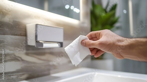 Close-Up of Hand Grabbing Tissue from Soft Paper Dispenser in Modern Bathroom Interior