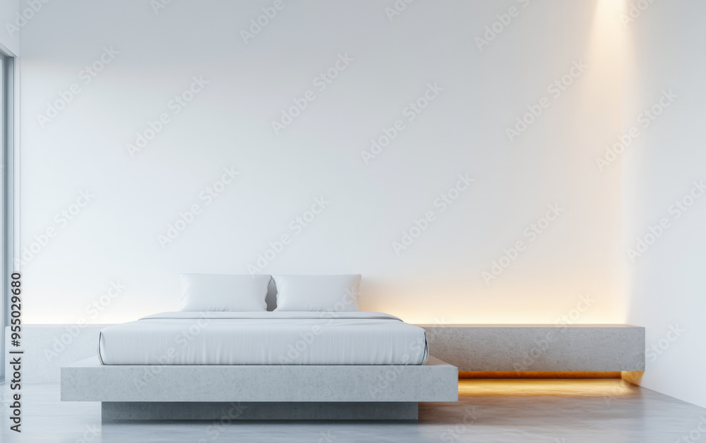 Modern bedroom interiors with a stylish bed, a large window and warm led lighting Modern bedroom interiors with a stylish bed, a large window and warm led lighting