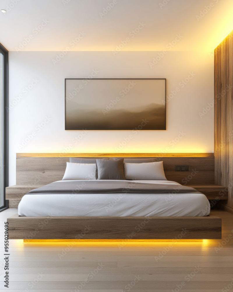 Modern bedroom interiors with a stylish bed, a large window and warm led lighting Modern bedroom interiors with a stylish bed, a large window and warm led lighting
