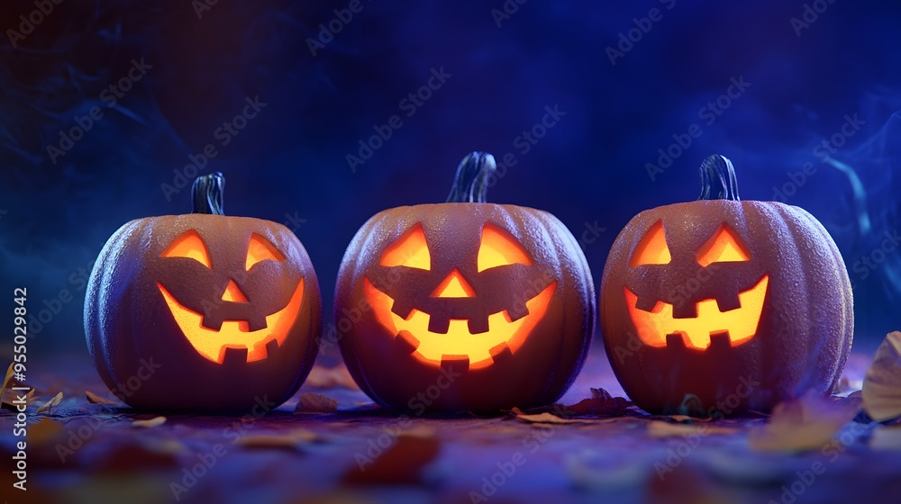 Three carved pumpkins glowing in the dark with spooky faces, surrounded by fallen leaves, perfect for Halloween celebrations. Three carved pumpkins glowing in the dark with spooky faces, surrounded by fallen leaves, perfect for Halloween celebrations.
