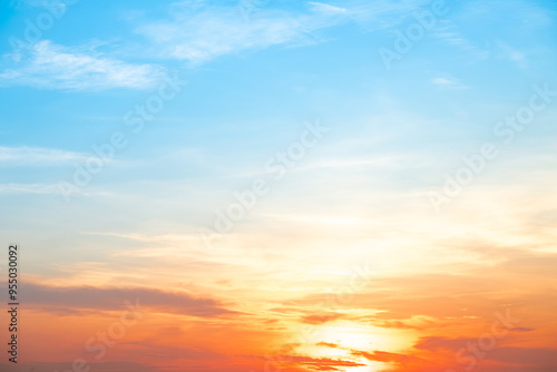 Beautiful , luxury soft gradient orange gold clouds and sunlight on the blue sky perfect for the background, take in everning,Twilight, Large size, high definition landscape photo