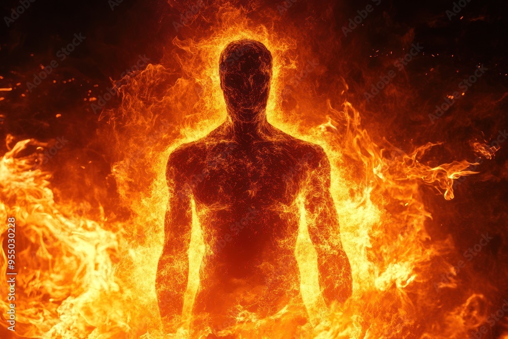 Fiery silhouette of a human engulfed in flames Fiery silhouette of a human engulfed in flames