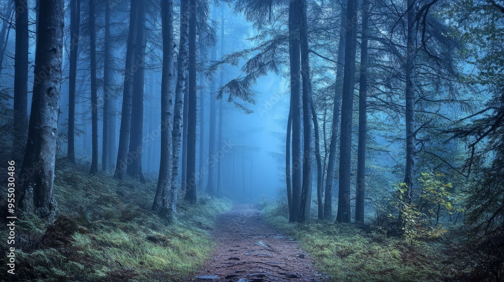 Naklejka premium A misty forest path leads through a dense stand of trees, creating a sense of mystery and wonder.