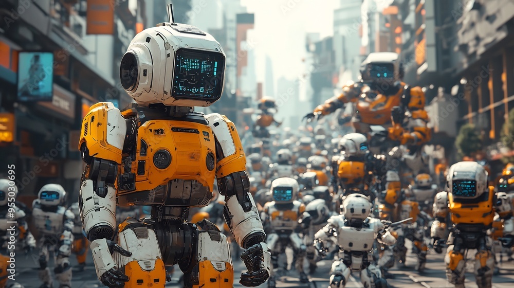 Digital artwork of robot uprising with robots of various designs rebelling against their human creators in a hightech city Digital artwork of robot uprising with robots of various designs rebelling against their human creators in a hightech city
