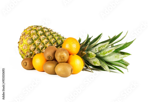 Group of tropical fruits lie on a white background
