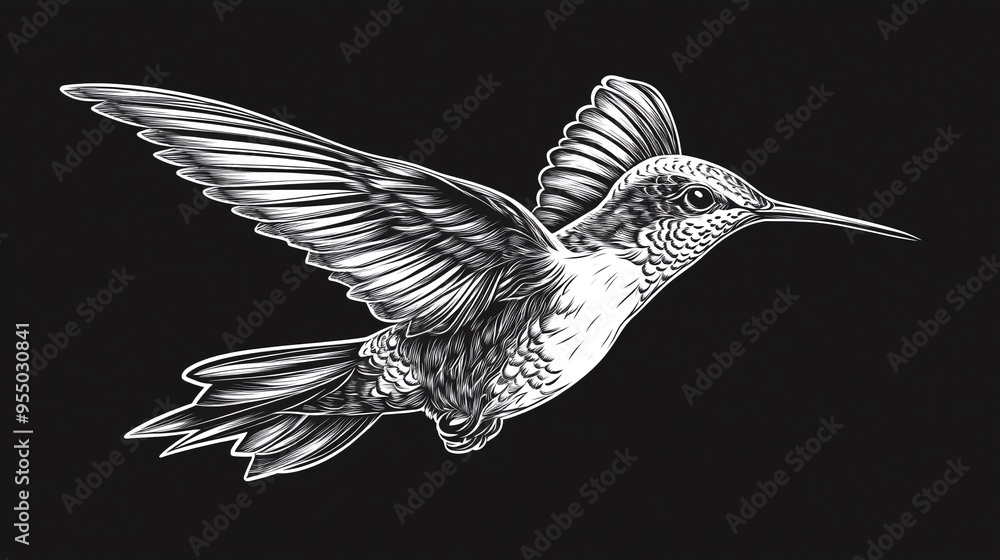 Obraz premium hummingbird in mid-flight, showcasing its intricate feather patterns and graceful movement sketch engraving generative ai vector illustration. Scratch board imitation. Black and white image