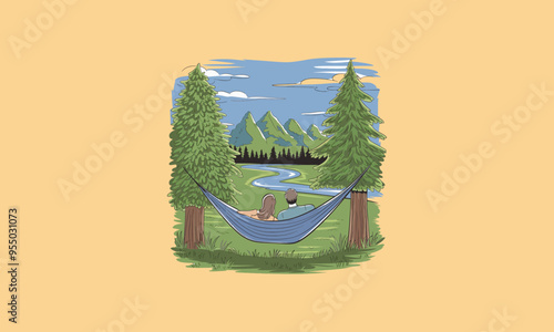 A couple relaxing in a hammock between trees overlooking mountains and river.