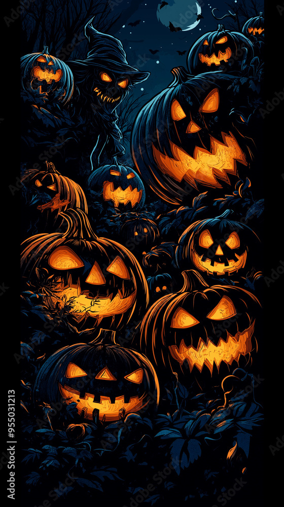 Generative AI illustration of illuminated carved pumpkins with different evil faces in darkness at Halloween night Generative AI illustration of illuminated carved pumpkins with different evil faces in darkness at Halloween night