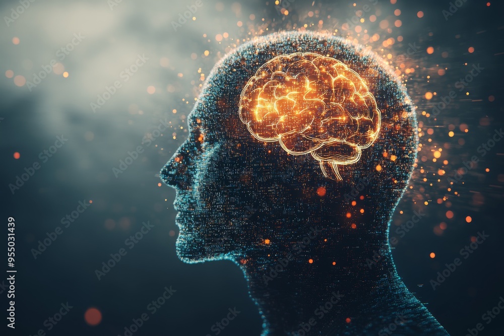 Social neurobiology Future thinking Silhouette of a head with a glowing brain representing the synergy between mind and technology in a futuristic dark toned digital environment Social neurobiology Future thinking Silhouette of a head with a glowing brain representing the synergy between mind and technology in a futuristic dark toned digital environment