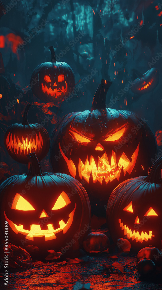 Generative AI illustration of illuminated carved pumpkins with different evil faces in darkness at Halloween night Generative AI illustration of illuminated carved pumpkins with different evil faces in darkness at Halloween night