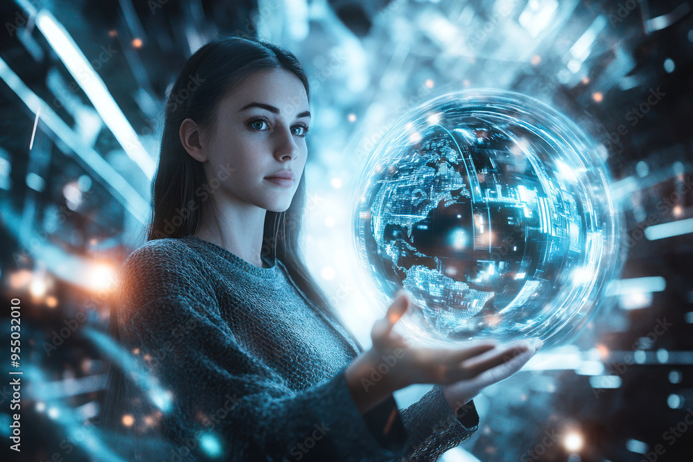 Naklejka premium Woman gazing at blue glowing orb in techno setting
