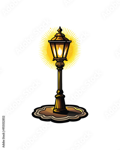 Editable stroke vector of a streetlight casting a warm yellow glow.