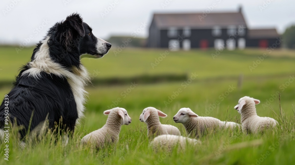 Fototapeta premium Border Collie and Lambs in a Green Field