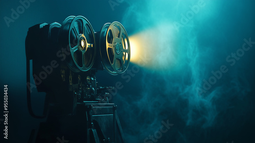 A 3D render of an old film projector with reels, casting light onto a screen in a dark room photo