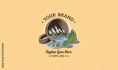 A giant cup pouring out a river flowing through mountains and forests.