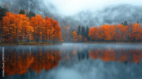 Serene Autumn Reflections: Tranquil Lake with Misty Waters Reflecting Vibrant Fall Colors