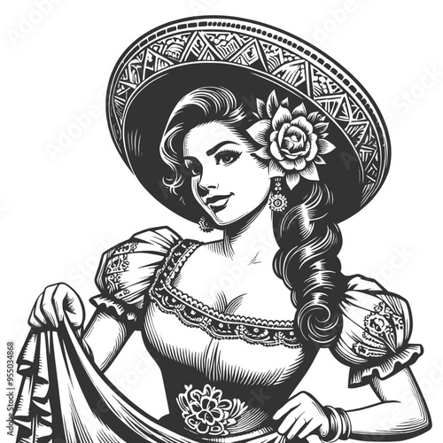 elegant Latina woman, traditional dress and sombrero, with flowers in her hair sketch engraving generative ai fictional character vector illustration. Scratch board imitation. Black and white image.