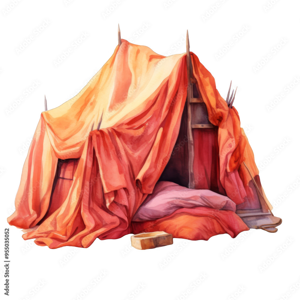 Watercolor Painting of a Red Tent with a Wooden Frame Watercolor Painting of a Red Tent with a Wooden Frame