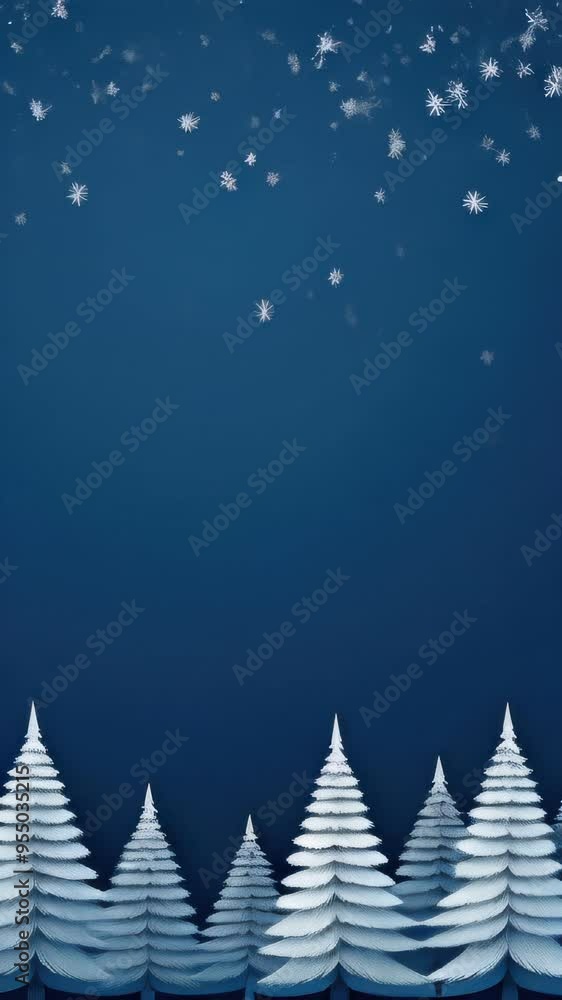 A blue christmas background with white trees and snowflakes
