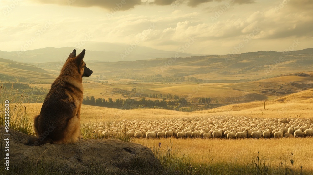 German Shepherd Watching Sheep Herd at Sunset German Shepherd Watching Sheep Herd at Sunset
