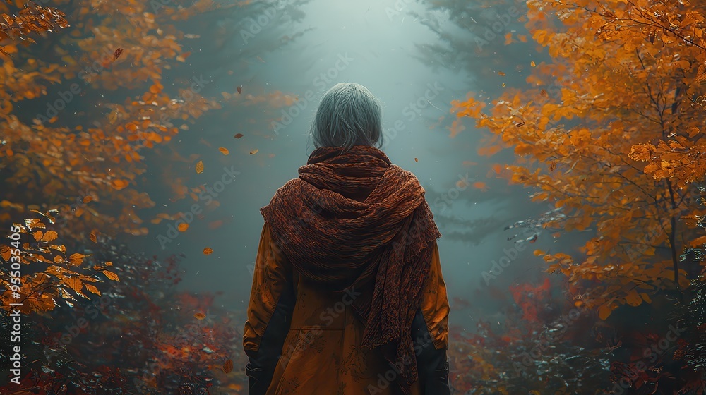 Enchanting Autumn Stroll: Person in Scarf and Coat Walking through Misty Forest Enchanting Autumn Stroll: Person in Scarf and Coat Walking through Misty Forest