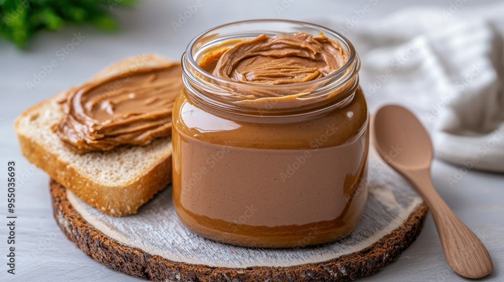 Delicious creamy peanut butter jar with toast, perfect for breakfast or snack. Ideal for food photography and culinary use. Delicious creamy peanut butter jar with toast, perfect for breakfast or snack. Ideal for food photography and culinary use.
