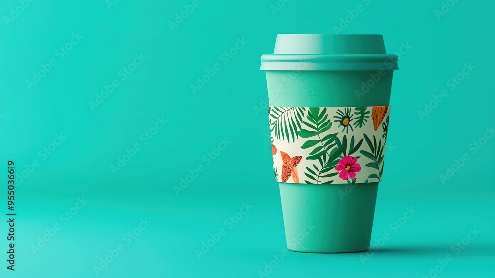 Reusable coffee cup, eco-friendly design with nature graphics, 3D illustration Reusable coffee cup, eco-friendly design with nature graphics, 3D illustration