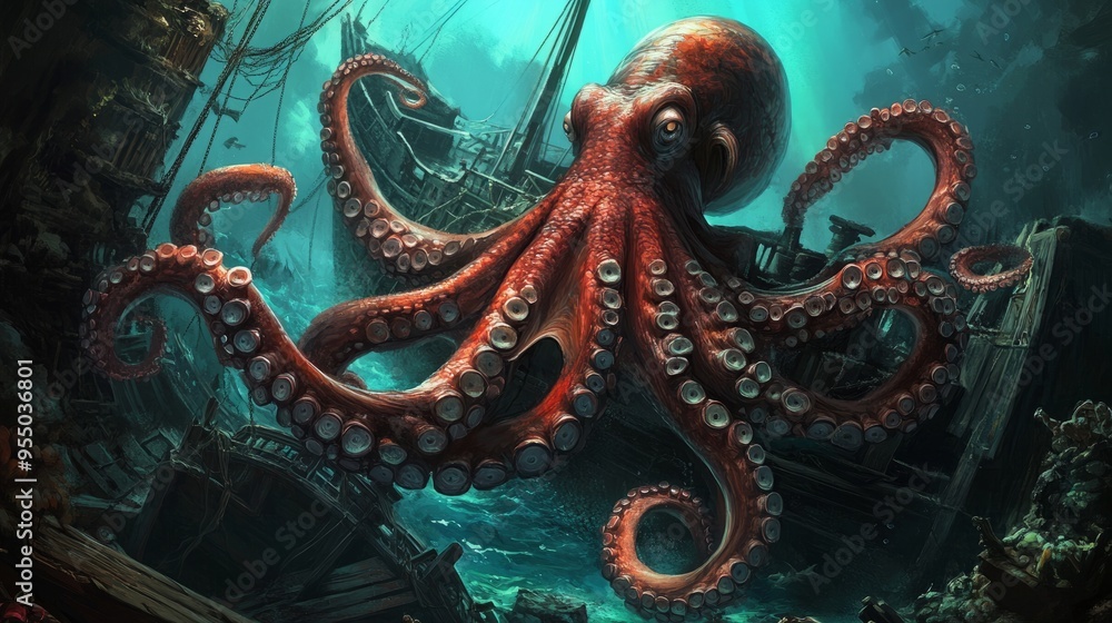 Obraz premium A vibrant octopus amidst a sunken shipwreck, showcasing underwater life and exploration.