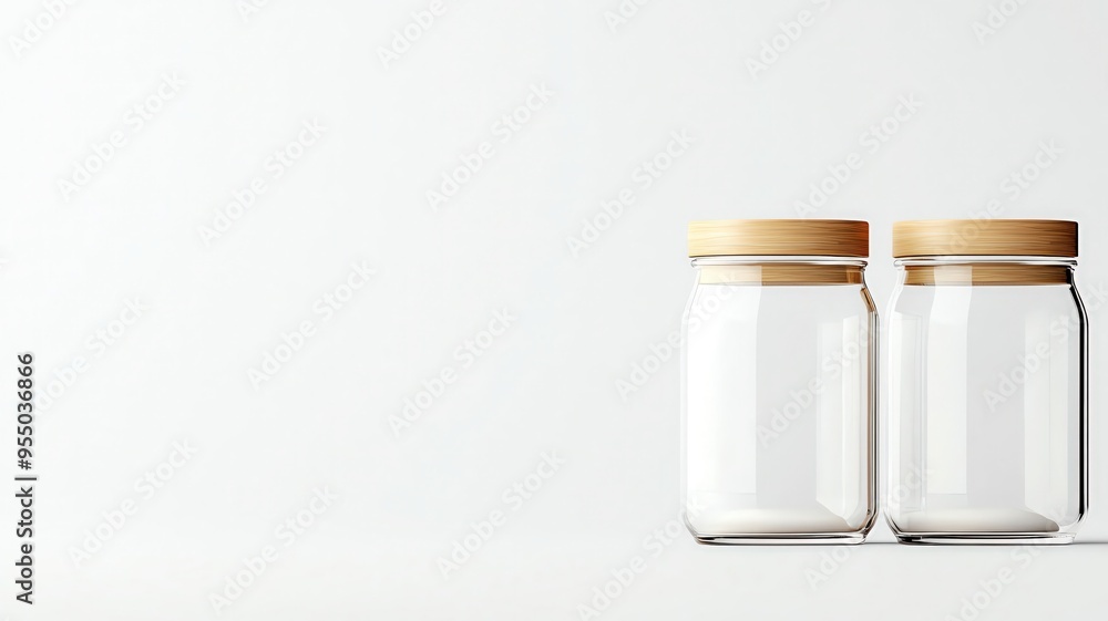 Zero waste coffee packaging, glass jars with bamboo lids, 3D illustration Zero waste coffee packaging, glass jars with bamboo lids, 3D illustration