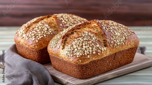 Freshly baked oat bread loaves on a wooden board, perfect for breakfast or healthy meal preparations, showcasing golden crust and texture.